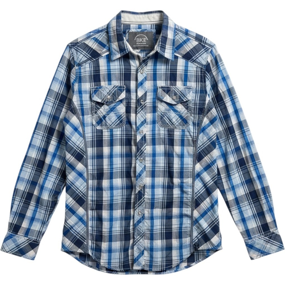 BKE Mens Athletic Fit Plaid Button Down Shirt Blue White Size Medium